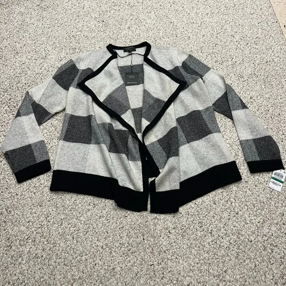 NEW Charter Club Cashmere Open Front Cardigan Plaid L Quiet Luxury Preppy Casual